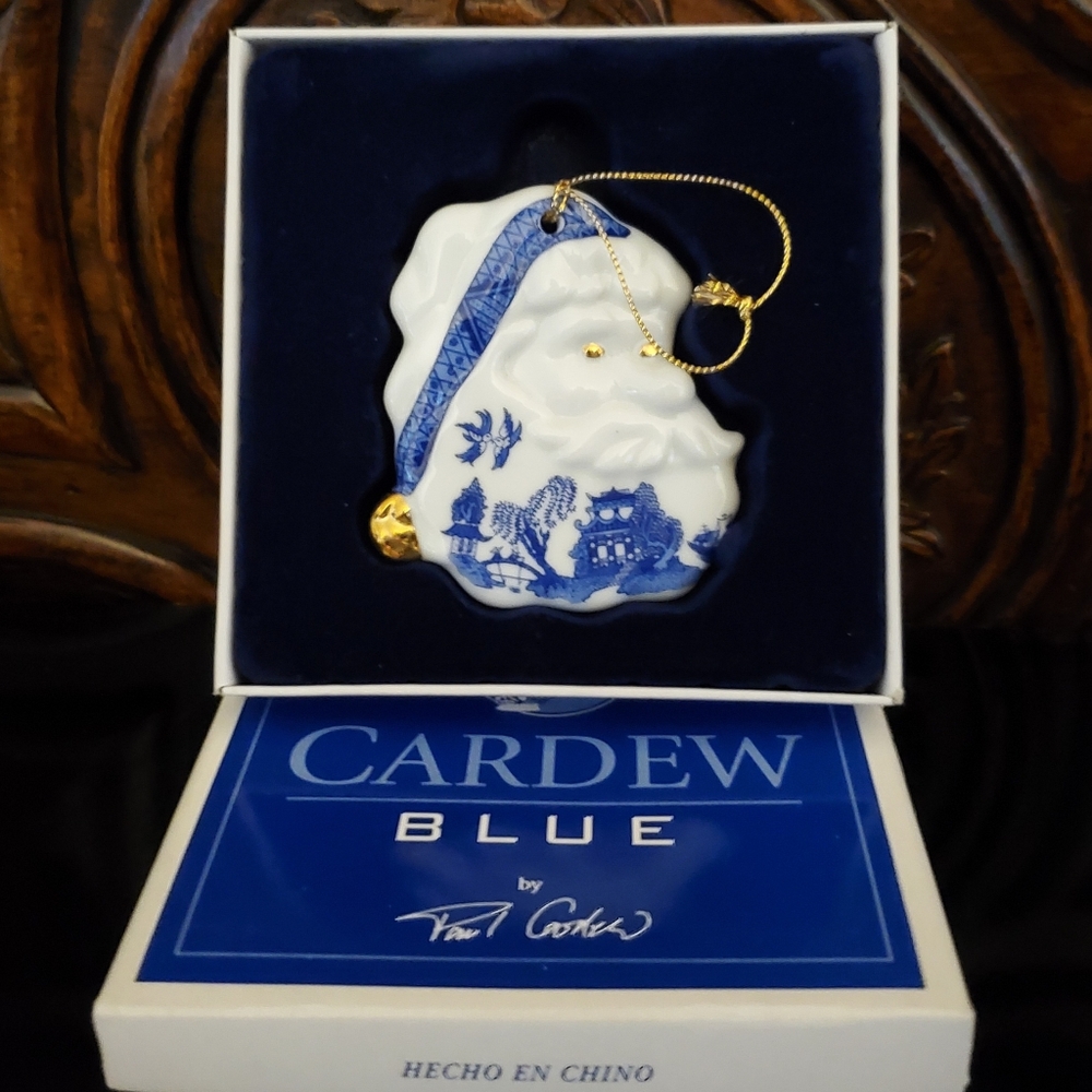 1999 Porcelain Cardew Blue 3" Santa Ornament Gold Accent Boxed